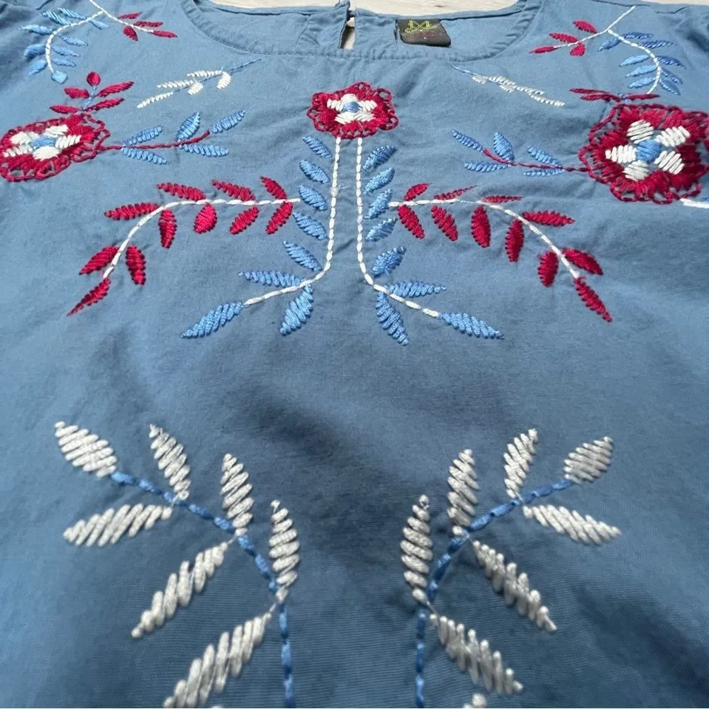 MYX Fusionwear blue boho embroidered cotton dress bell sleeves pockets, size L - Picture 8 of 14